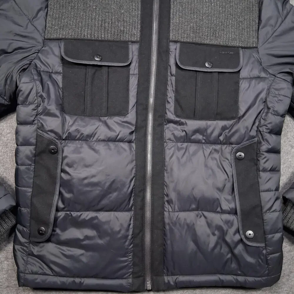 Calvin Klein Jacket Mens Medium Gray Hooded Puffer Quilted Winter Coat